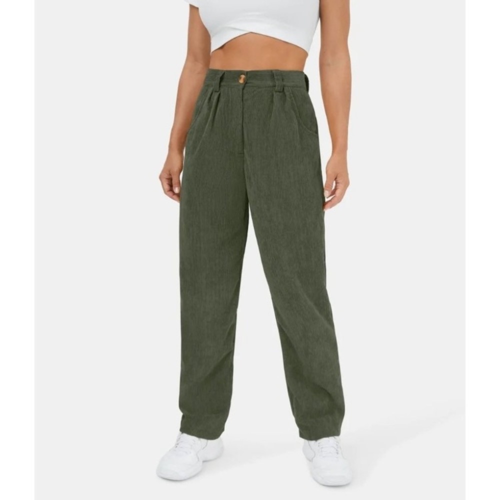 Halara Women's Mid-Rise Casual Zipper Corduroy Pants Icy Bamboo Green XL (Tall)